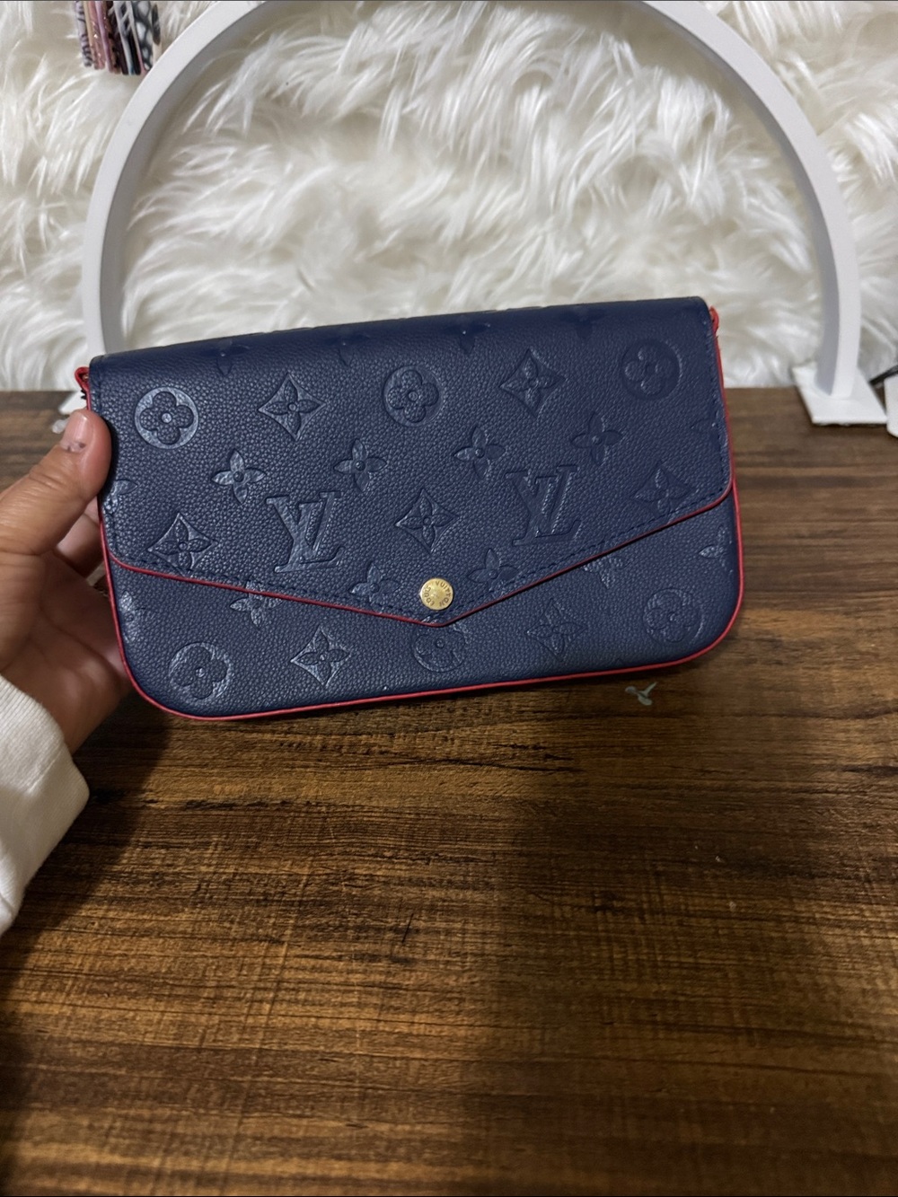 Navy Embossed Monogram Envelope Clutch with Red Trim